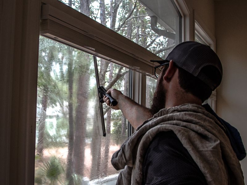 Up close look at interior window cleaning with a squeegee.